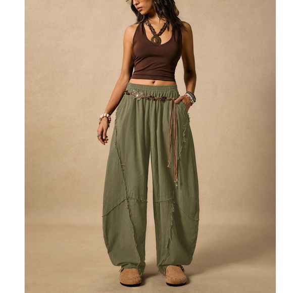 Boho Rust Brown Solid Stretchy waist Pockets Frayed Detail Harem Pants - Picture 2 of 10